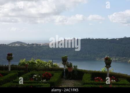 A nice little town in the metropolitan city of Rome, on the hill overlooking the Lake Nemi, a volcanic crater lake. Nemi, Lazio, Italy. Stock Photo