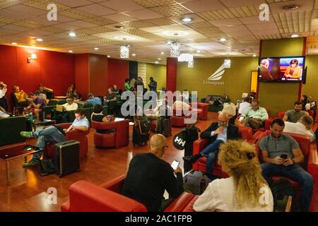 Ethiopia, Addis Ababa, Bole International Airport, new terminal building, Ethiopian airlines Cloud 9 Business Class lounge, overcrowded with no seats Stock Photo