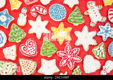 Gingerbread cookies on red background Stock Photo