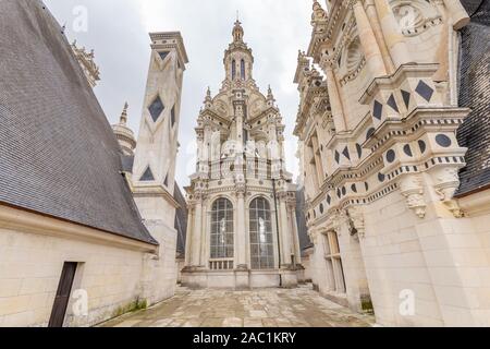 Chateau de Chambord, view of the terrace roof and elaborate towers and pinnacles , in Loire valley, Centre Valle de Loire in France