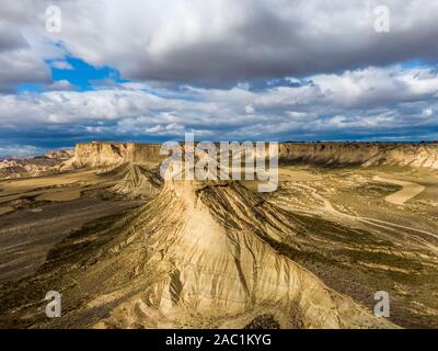 Aerial view of Bardenas Reales semi-desert natural region at sunset in Spain Stock Photo