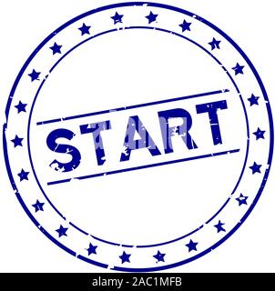 Grunge blue start with star icon round rubber seal stamp on white ...