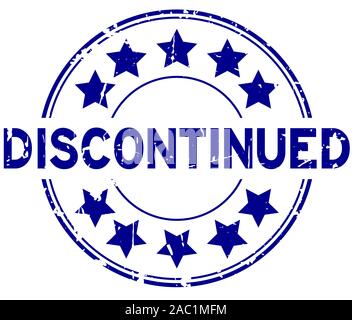 Grunge blue discontinued with star icon round rubber stamp on white background Stock Vector