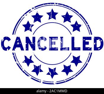 Grunge blue cancelled with star icon round rubber seal stamp on white background Stock Vector