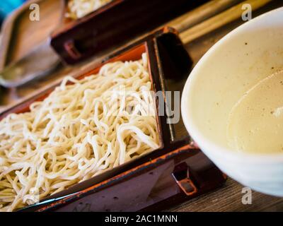 Cold soba noodles served with dipping sauce in summer in Japan. Stock Photo