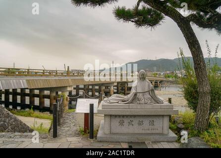 Statue of Murasaki Shikibu, author of the Tale of Genji, next to Uji bashi bridge in Uji, Kyoto Stock Photo