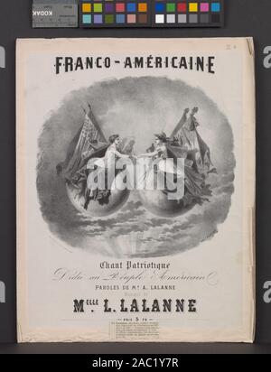 Franco-américaine - chant patriotique Admission is granted through application to the Office of Special Collections. Sheet music cover and preliminary drawing depicting allegorical figures of America and France joining hands.  Accompanied by 7 pages of sheet music with words by Mr. A. Lalanne & music by Mlle. L. Lalanne. Finding aids available. Forms part of Samuel Putnam Avery Collection. Gift of Samuel Putnam Avery, 1900. S.P. Avery CollectionFranco-américaine : chant patriotique. Stock Photo