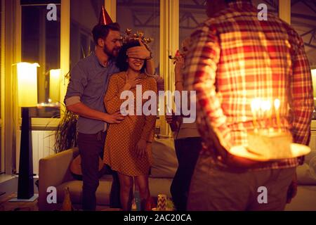 Surprise Birthday party for the young celebration woman. Stock Photo