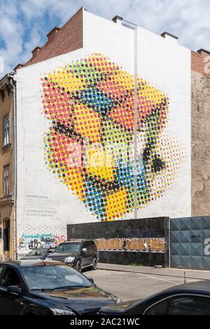 Budapest, Hungary - July 05, 2019: Streets of Budapest, mural dedicated to the magic Rubik's cube. Invented by Hungarian professor of architecture and Stock Photo