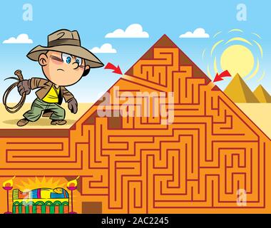 In the vector illustration, a maze puzzle where the boy needs to get to the tomb of the pharaoh Stock Vector