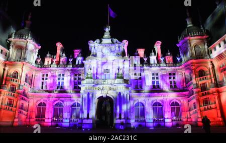 Winter Light Trail, Christmas 2019 at Waddesdon Manor, Waddesdon, Buckinghamshire, UK. Christmas Music theme. Stock Photo