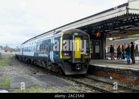 Yeovil Junction, Somerset, UK.  30th November 2019.  View of a South Western Railway train at Yeovil Junction station in Somerset ahead of the planned strike action by the RMT union which begins on Monday 2nd December and last for 27 days.  Picture Credit: Graham Hunt/Alamy Live News Stock Photo
