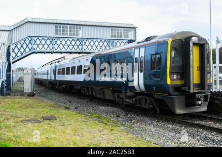 Yeovil Junction, Somerset, UK.  30th November 2019.  View of a South Western Railway train at Yeovil Junction station in Somerset ahead of the planned strike action by the RMT union which begins on Monday 2nd December and last for 27 days.  Picture Credit: Graham Hunt/Alamy Live News Stock Photo