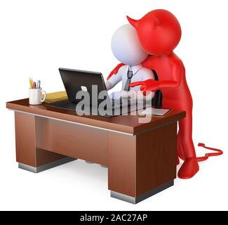 3d white people illustration. Businessman receiving bad advice from the devil. Metaphor. Isolated white background. Stock Photo