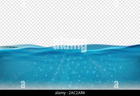 Realistic sea underwater scene with transparent wave. Ocean scene banner with horizontal water surface Stock Vector