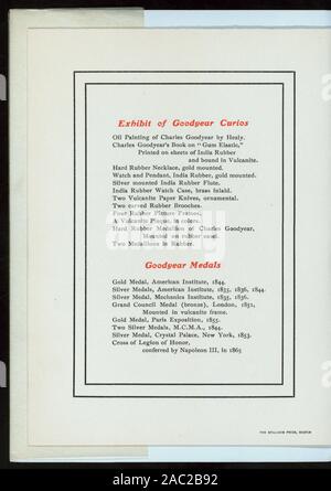 GOODYEAR DINNER (held by) NEW ENGLAND RUBBER CLUB (at) ESSEX HOTEL, BOSTON, MA (HOTEL;) ALL MENU ITEMS FOLLOWED BY LITERARY QUOTATIONS; PORTRAIT OF CHARLES GOODYEAR ON FRONT COVER; PHOTOS OF INDIVIDUAL RUBBER FACTORY BUILDINGS AT VARIOUS LOCATIONS; GOODYEAR DINNER [held by] NEW ENGLAND RUBBER CLUB [at] ESSEX HOTEL, BOSTON, MA (HOTEL;) Stock Photo