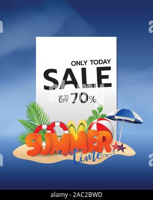 Summer time vector design concept of 3d text in beach island on blue sky background.  banner, poster, Stock Vector