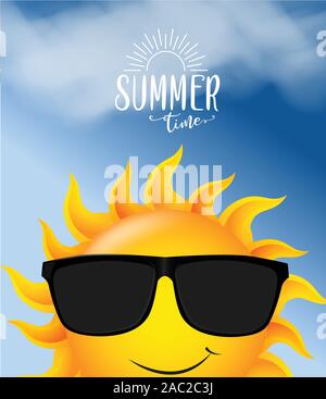 Summer time vector design concept of 3d text in beach island on blue sky background.  banner, poster, Stock Vector