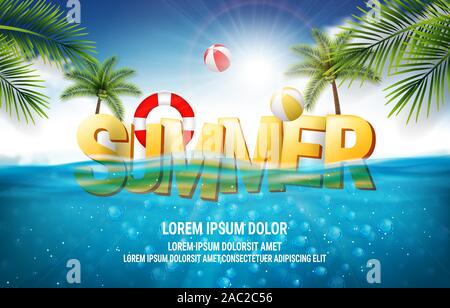 Summer sea poster. Vector illustration with deep underwater ocean scene. Background with realistic clouds and summer 3d text Stock Vector