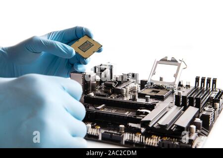 Computer technician wearing blue gloves installing CPU into motherboard. Stock Photo