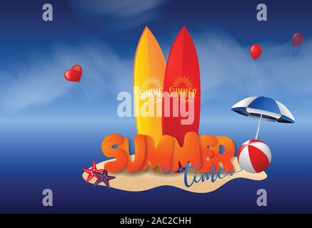 Summer Time Holiday typographic illustration with surf boards. Poster Party on beach music elements on ocean Stock Vector