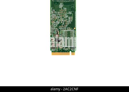 NVME M2 SSD disk for data storage at high speed, isolated on white background. Close-up macro shot. Stock Photo