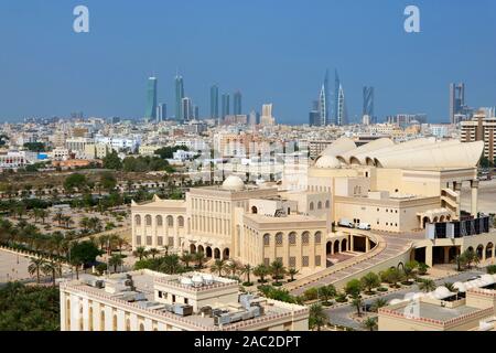 Stunning Aerial View of Isa Cultural Centre with a Group of Iconic Landmarks in the Backdrop, Manama, Bahrain Stock Photo