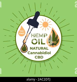 CBD Hemp oil Cannabidiol. Pipette with a drop. Vector Illustration isolated on green. Template design Stock Vector
