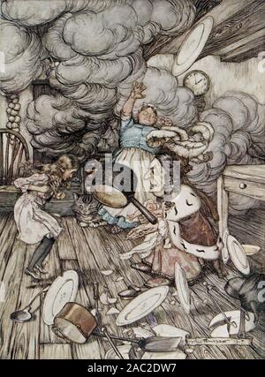 Arthur Rackham's illustration for the 1907 edition of Lewis Carroll's ALICE IN WONDERLAND - 'An unusually large saucepan flew close by it. and very nearly carried it off' Stock Photo