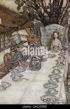 Arthur Rackham's illustration for the 1907 edition of Lewis Carroll's ALICE IN WONDERLAND - 'A Mad Tea Party' Stock Photo
