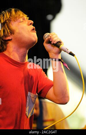 Matt Shultz of Cage the Elephant performs at the 2008 Coachella Music Festival in Indio. Stock Photo