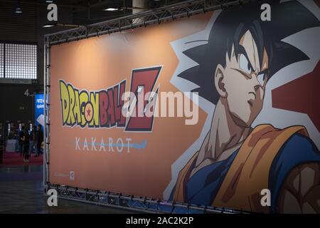 November 29, 2019, Barcelona, Spain: Akira Toriyama Dragon Ball Z logo and graphic portrait during the festival..The NiceOne Barcelona Gaming & Digital Experiences Festival dedicated to the video game industry and virtual reality takes place at the Gran VÃa fairgrounds from Nov 28 to Dec 1, 2019. (Credit Image: © Paco Freire/SOPA Images via ZUMA Wire) Stock Photo