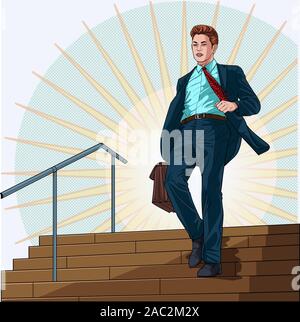 A Businessman walk down the stairs after work at company Illustration vector On pop art comics style Abstract dot background Stock Vector