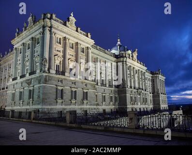 North facade of the Royal Palace (Palacio Real) of Madrid at nightfall. View from Plaza de Oriente Square. Madrid, Spain. Stock Photo