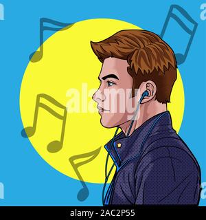 Men listen to music from headphones with mobile phones Happiness of music Illustration vector On pop art comics style Abstract dot background Stock Vector