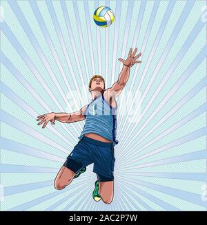 A man plays volleyball to jump high as point Illustration vector On pop art comics style Abstract dot background Stock Vector