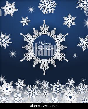 christmas greeting card with snowflakes on blue background Stock Vector