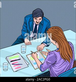 Business people express opinions at the meeting at the company Listening and Speaking Illustration vector On pop art comics style Stock Vector
