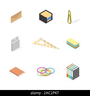 Set of icons isolated on white background, office and school. Flat 3d isometric style, vector illustration. Stock Vector