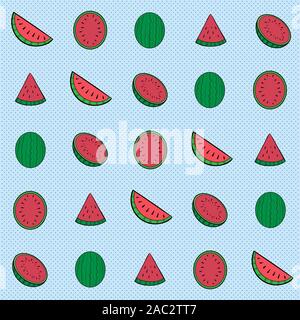 Watermelon fruits Pattern postcard wallpaper Set Illustration vector On art cartoons style Dots Colorful background Stock Vector