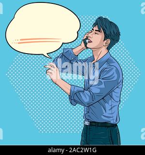 A man who is talking on a mobile phone Businessmen Illustration vector On pop art comics style Abstract dot colorful background Stock Vector