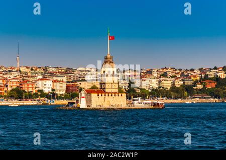 The Maiden's Tower, Istanbul, Turkey; Kız Kulesi also known as Leander's Tower (Tower of Leandros) in a bright sunny day. Stock Photo