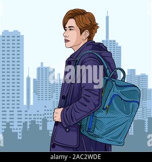 A man carrying a luggage to go abroad Stand waiting Illustration vector On pop art comic style Colorful city background Stock Vector