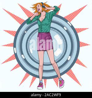 Beautiful women listen to music from headphones Dance to the music Illustration vector On pop art comics style Abstract dots colorful background Stock Vector