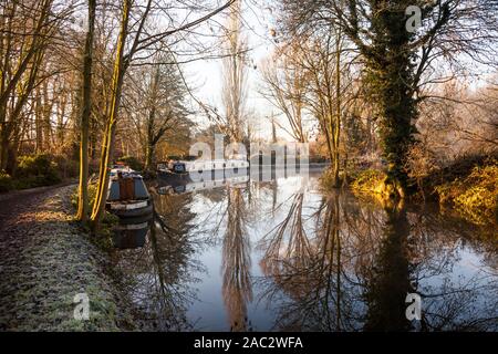 Winter morning, River Stort, Narrow Boats Stock Photo