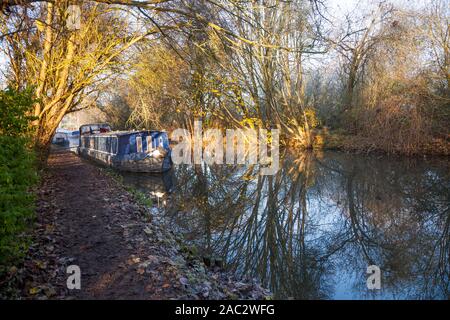 Winter morning, River Stort, Narrow Boats Stock Photo