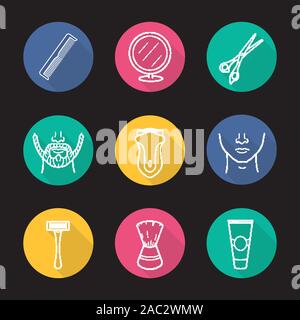Barber shop flat linear long shadow icons set. Comb, mirror, scissors, beard, electric shaver, face, razor, aftershave cream, brush. Vector line illus Stock Vector