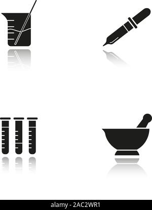 Chemical laboratory drop shadow black icons set. Lab tools. Test tubes, beaker with rod and liquid, mortar and pestle, pipette. Isolated vector illust Stock Vector