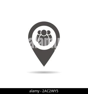 Meeting point location icon. Friends nearby. Drop shadow gps mark silhouette symbol. Group of people inside pinpoint. Negative space. Vector isolated Stock Vector