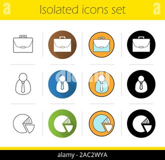 Business icons set. Flat design, linear, black and color styles. Financial analyst, briefcase, marketing diagram. Isolated vector illustrations Stock Vector